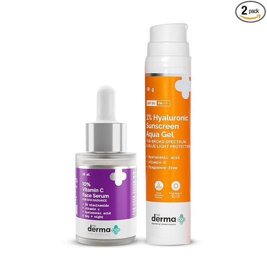 The Derma Co Glow & Protect Combo - 10% Vitamin C Face Serum (30 ml) + 1% Hyaluronic Sunscreen Aqua Gel (50 g) - Combo